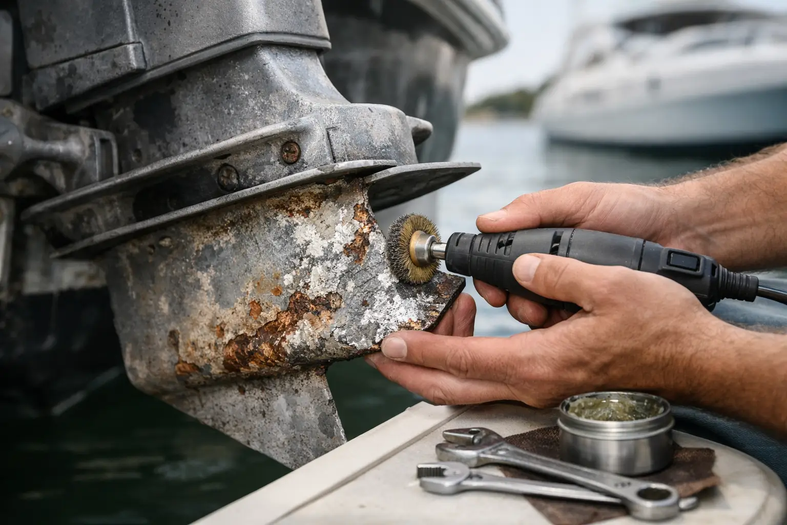Removing rust from boat propeller with rotary tool