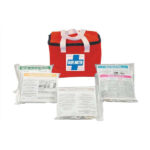First aid kit with labeled medical supplies.