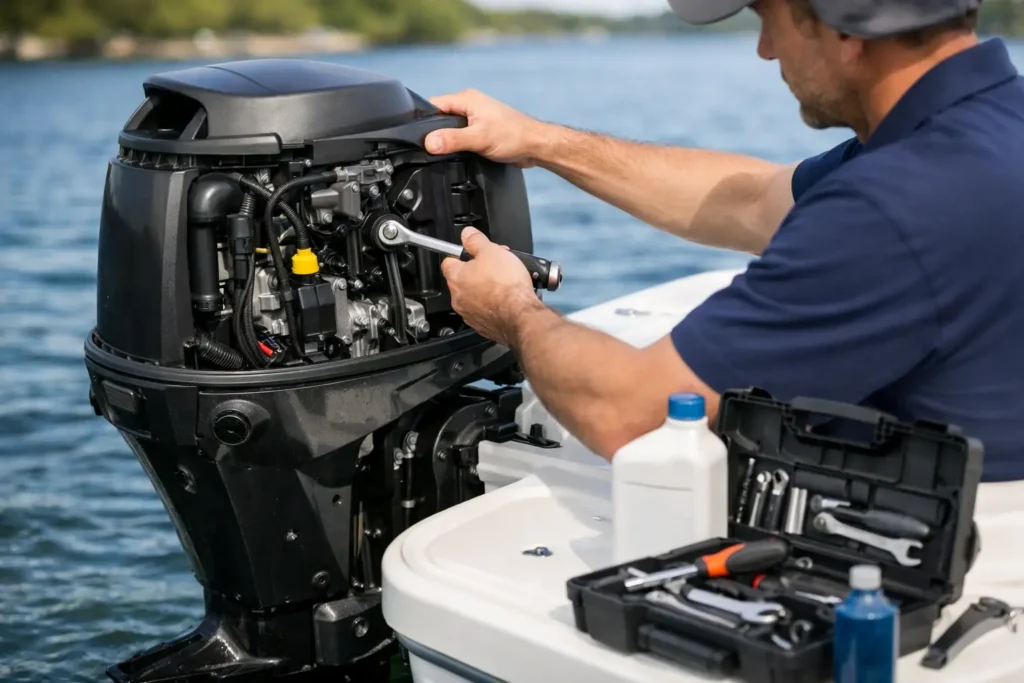 Mechanic fixing outboard motor on boat.