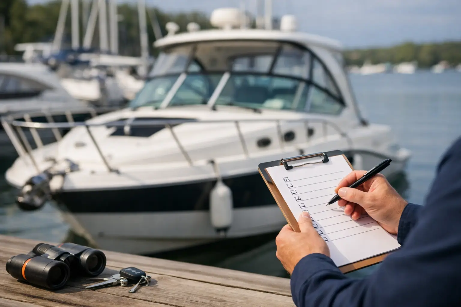 Person checking boat maintenance checklist.