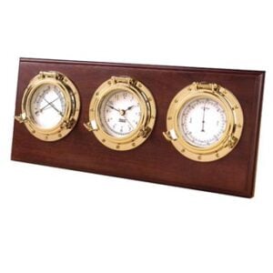 Wooden nautical weather station with three brass gauges