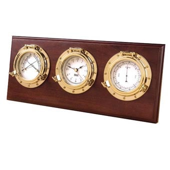 Wooden nautical weather station with three brass gauges