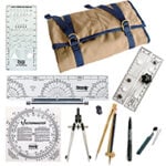 Architectural drafting tools and blueprints on desk