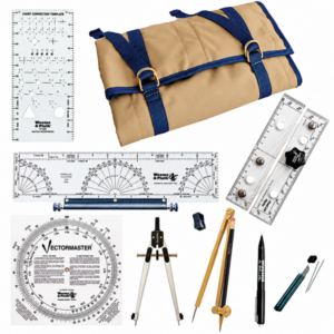 Drafting tools and rulers with tan carrying case