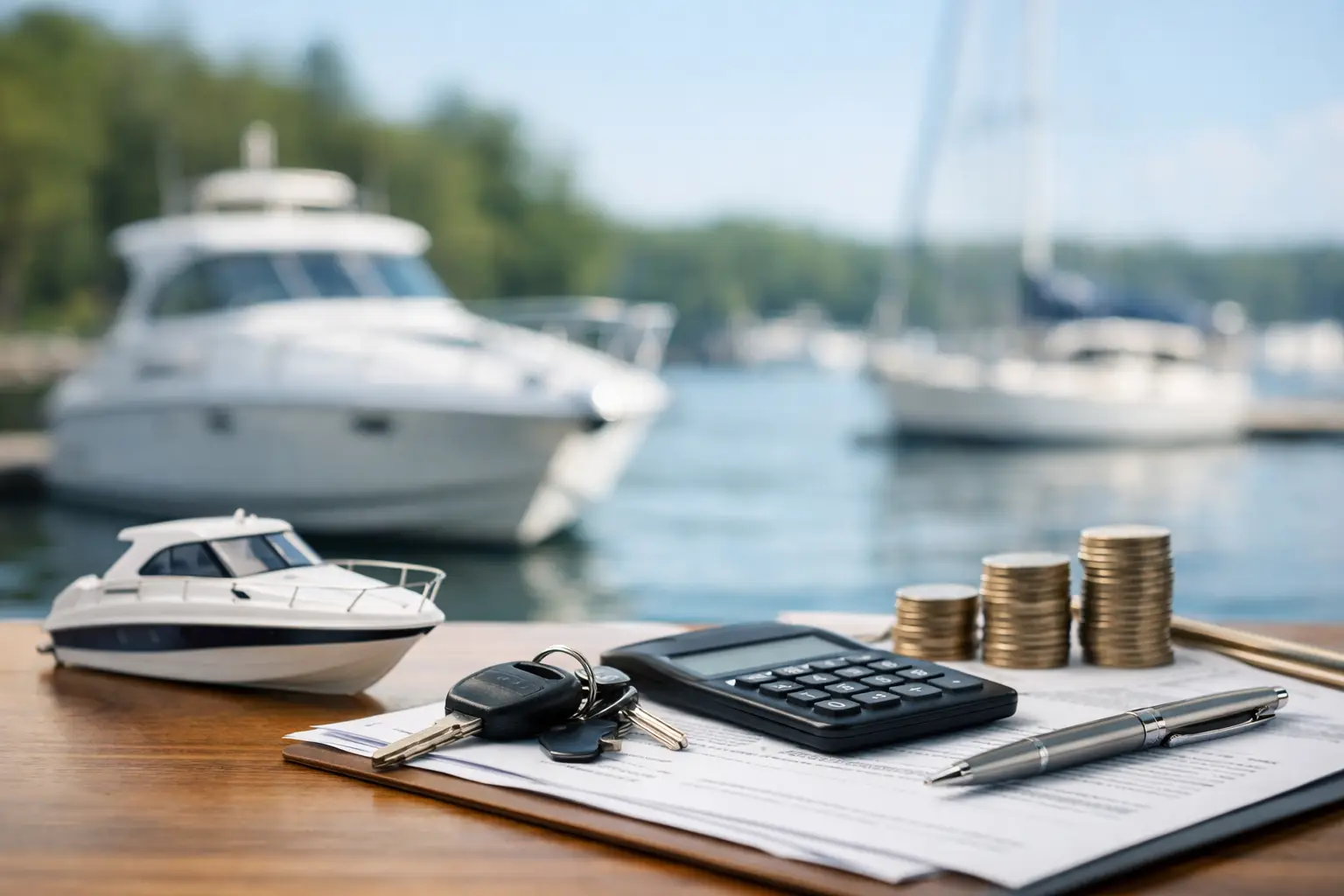 Boat model, keys, calculator, coins by marina