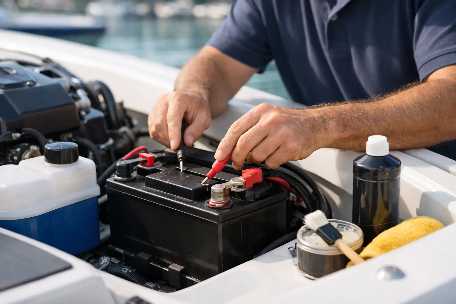 Person testing boat battery with multimeter probes