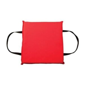 Red square cushion with black side handles