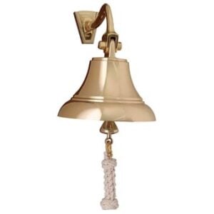 Polished brass wall-mounted bell with pull rope