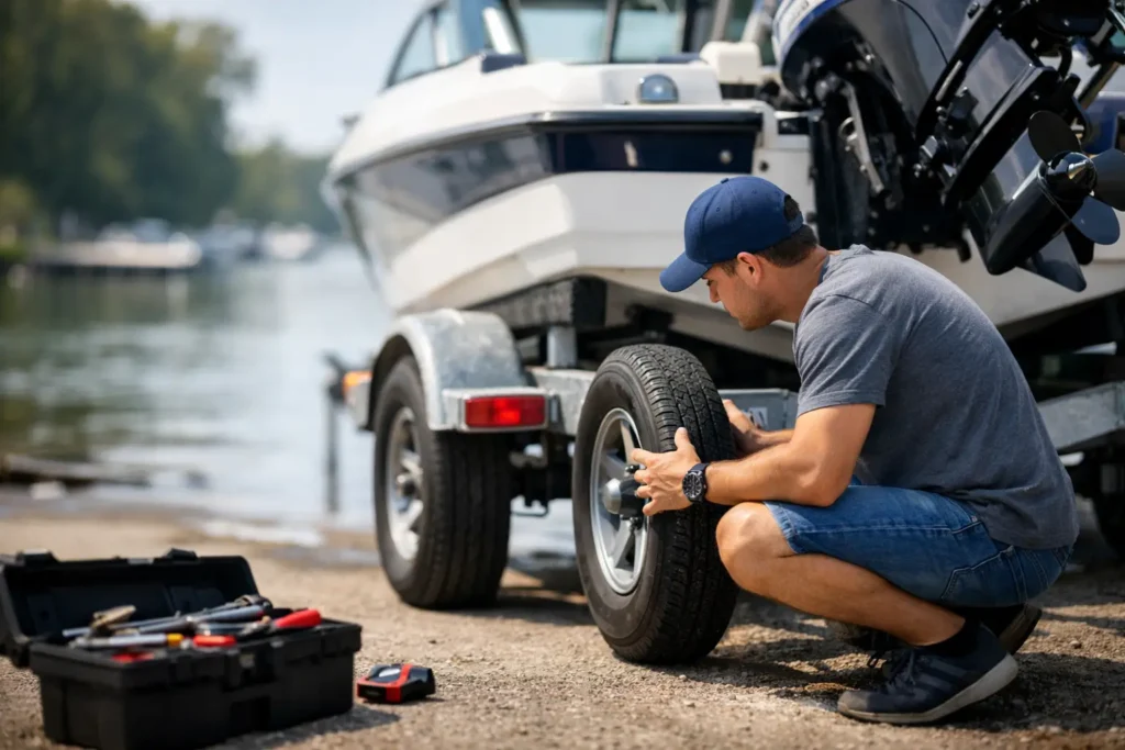 Man checking boat trailer tire near lake