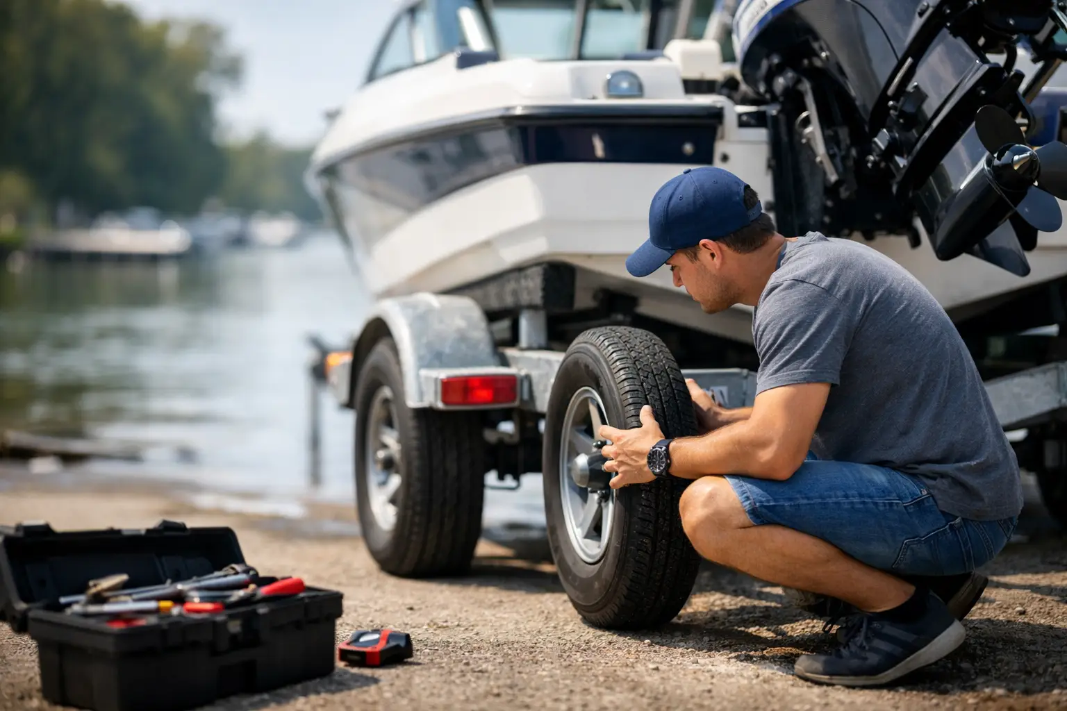 Man checking boat trailer tire near lake