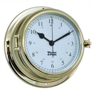 Brass porthole wall clock showing 10 o'clock
