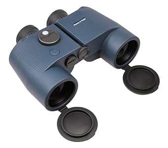 Compact blue binoculars with open lens caps