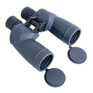 Gray binoculars with open lens caps