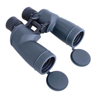 Gray binoculars with open lens caps