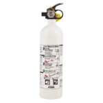 White fire extinguisher with instruction label and gauge