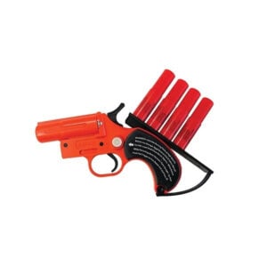Orange flare gun with red signal flares
