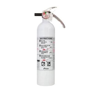 White fire extinguisher with instruction label