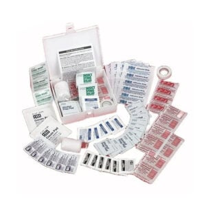 Open first aid kit with assorted medical supplies