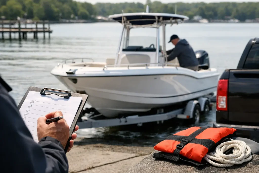 Boat launch inspection with checklist and safety gear