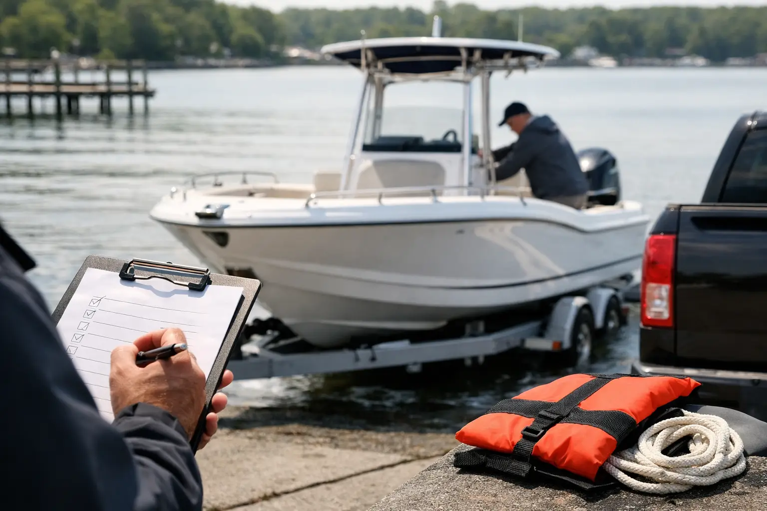 Boat launch inspection with checklist and safety gear