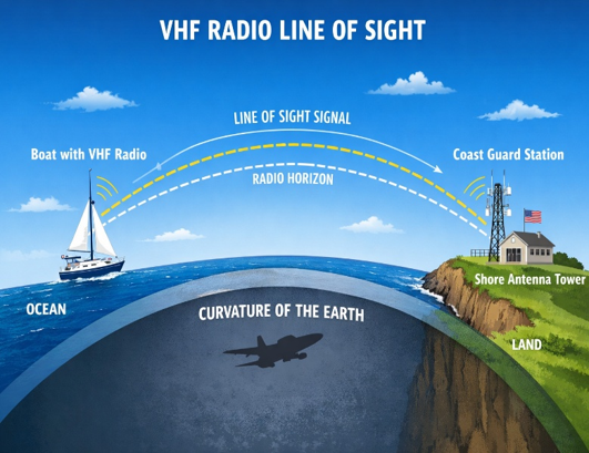 Diagram of VHF radio line-of-sight over Earth curvature