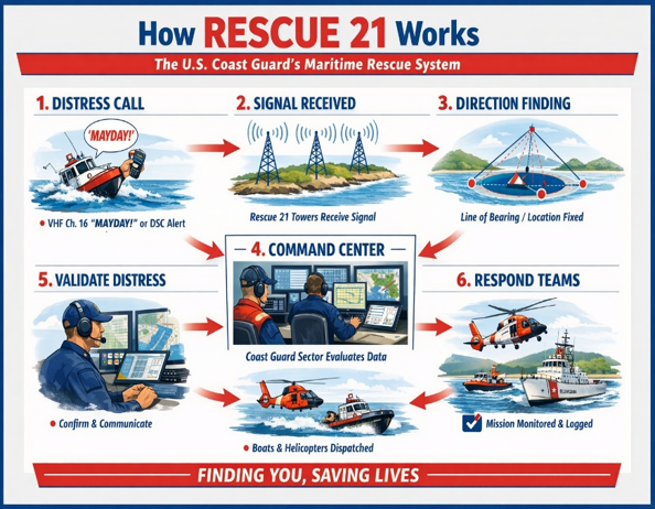 Infographic showing U.S. Coast Guard Rescue 21 process