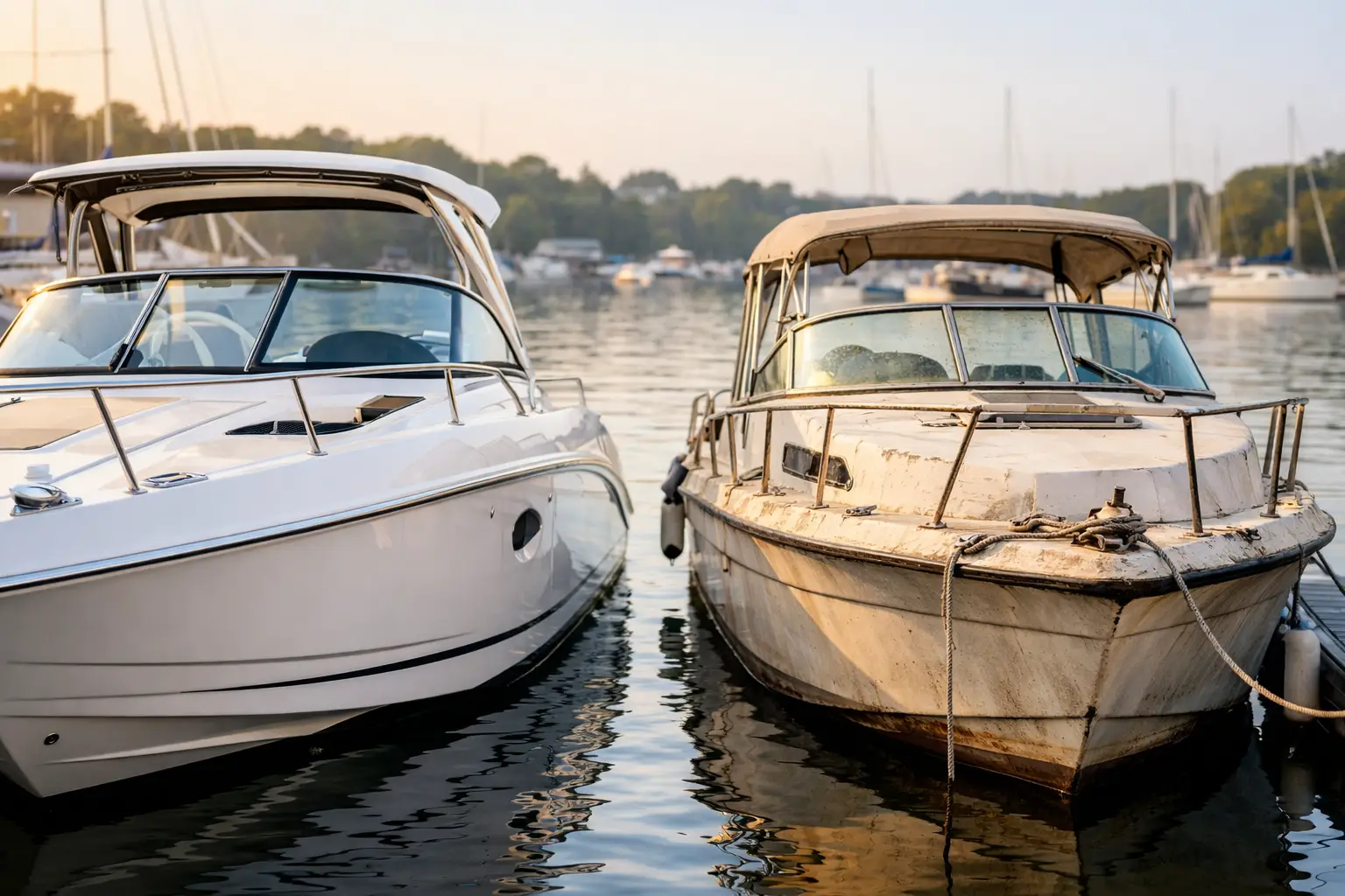 Two motorboats docked side by side at marina