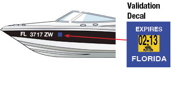 Boat registration numbers and Florida validation decal example
