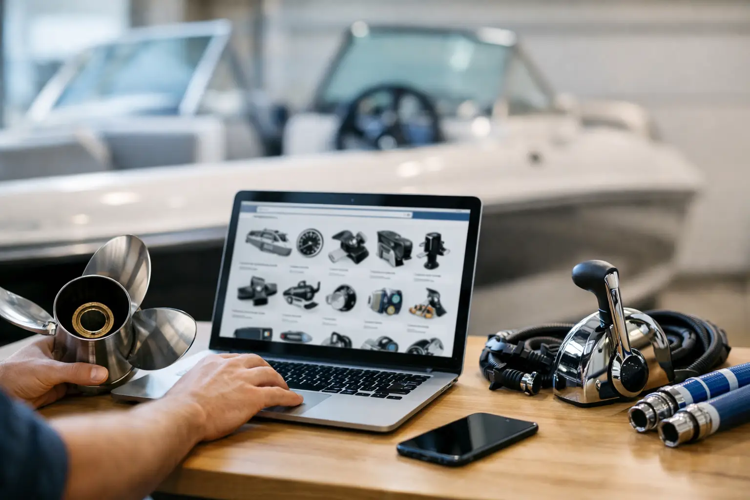 Person shopping for boat parts on laptop