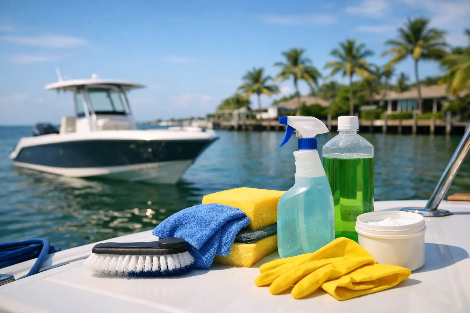 Boat cleaning supplies on dock with yacht background