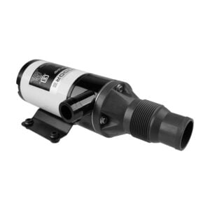 Black and white electric water pump with hose fittings
