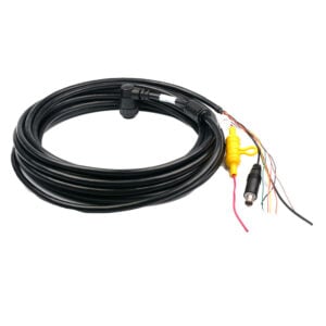 Coiled black wiring harness with yellow connector and exposed leads