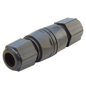 Black waterproof cable connector with threaded ends