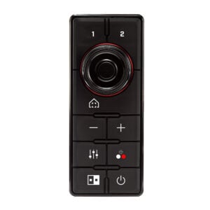 Black remote control with dial, buttons, and red accent