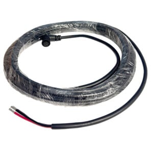 Coiled black power cable with circular connector and bare wires