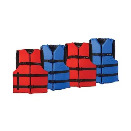 Four red and blue life jackets