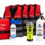 Marine safety kit with life jackets, flares, horn, and extinguisher