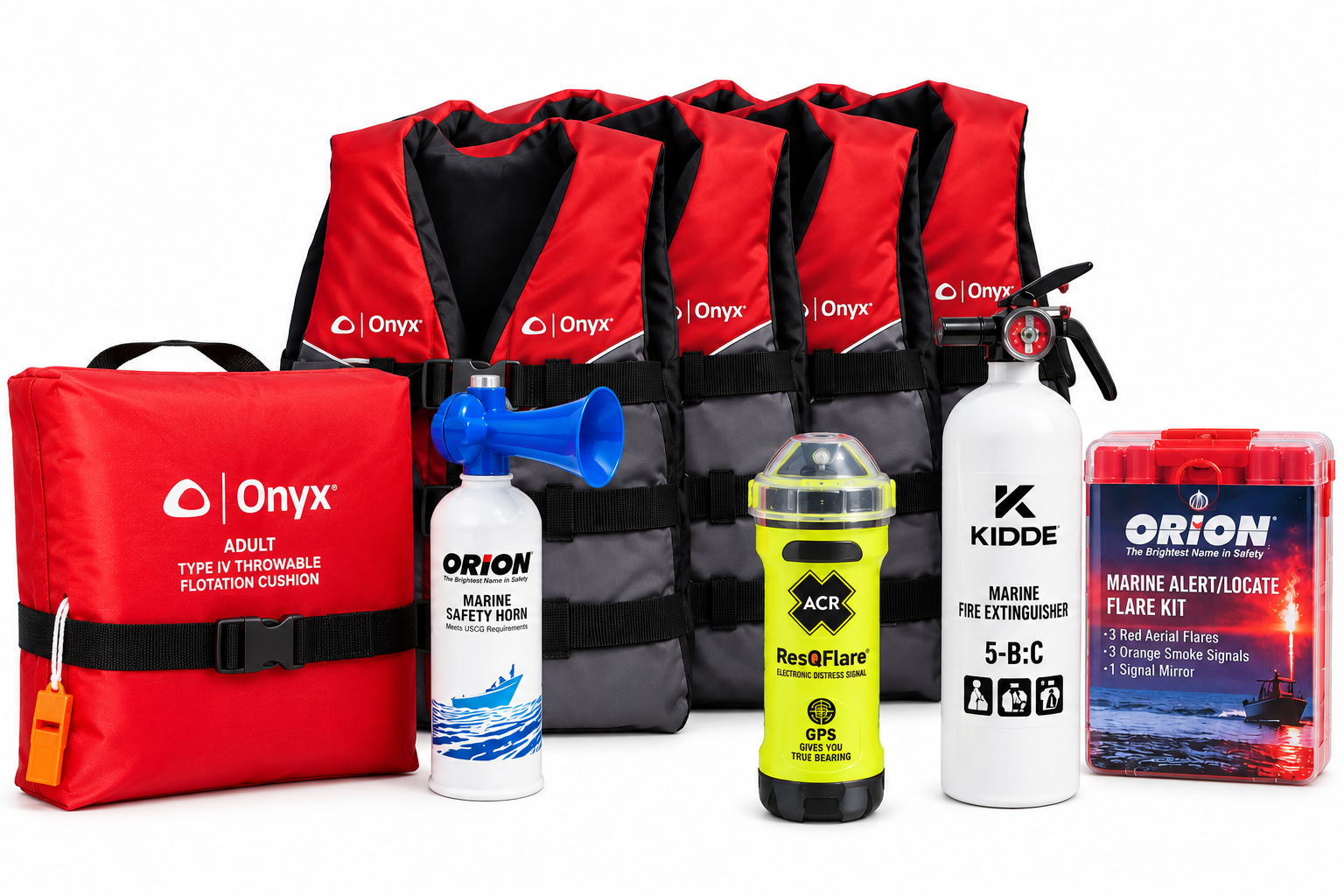 Marine safety kit with life jackets, flares, horn, and extinguisher