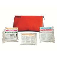 Red emergency pouch with three packaged medical supplies