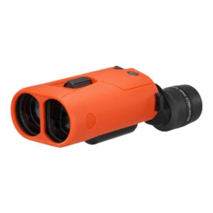 Orange SIG image-stabilized binoculars on white background