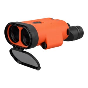 Orange binoculars with open protective lens cover