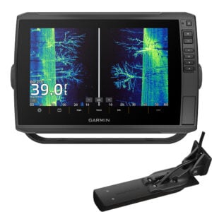 Garmin fish finder display with sonar transducer